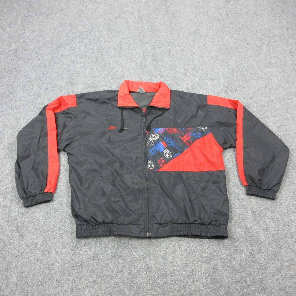 Vintage Puma Jacket Mens Medium Black Red Soccer Full Zip Colorblock Windbreaker